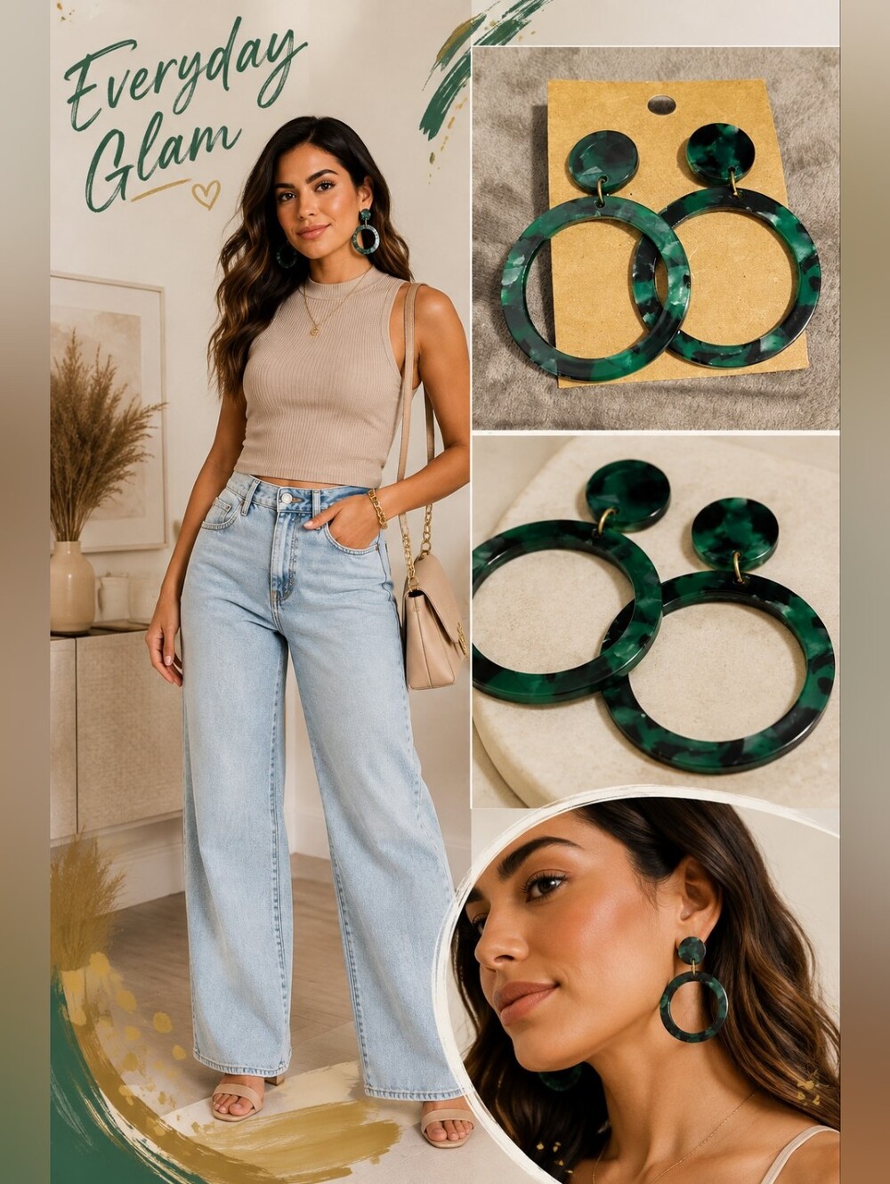 Green & Black Marbled Hoop Earrings | Lightweight Resin Statement Hoops | Modern